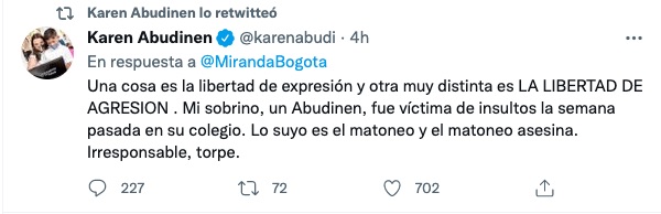 El trino de Karen Abudinen a Katherine Miranda.