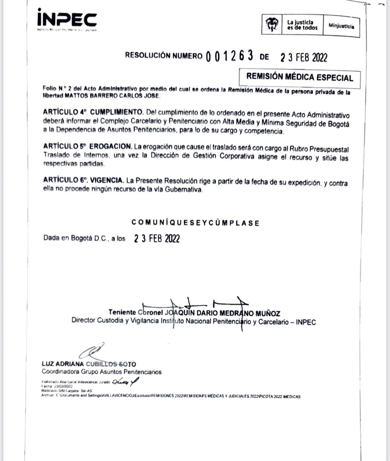 El acta de salida de Carlos Mattos, firmada por el coronel Joaquín Darío Medrano Muñoz.