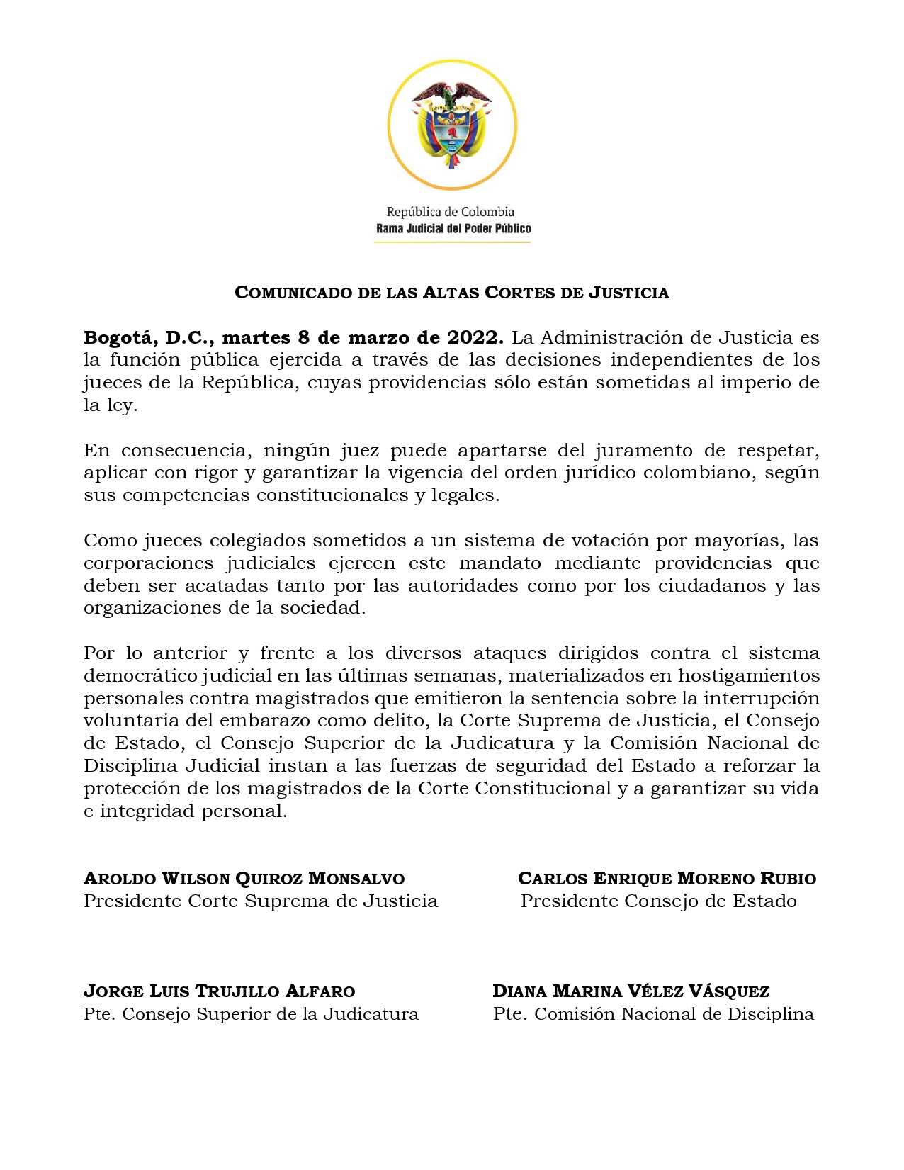 Rama Judicial Comunicado de las Altas Cortes.