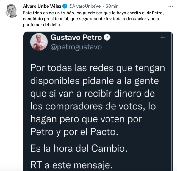 El trino del expresidente Álvaro Uribe Vélez.