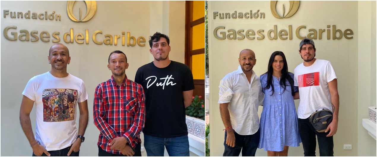 Lanzamiento de la primera edición de Lazos y Trazos, proyecto de la Fundación Gases del Caribe en colaboración con los artistas plásticos: Rafi Barón, Liman Zuñiga y Omar Mendoza. Foto derecha, dos de los participantes con la directora de la Fundación, Diana Santiago.