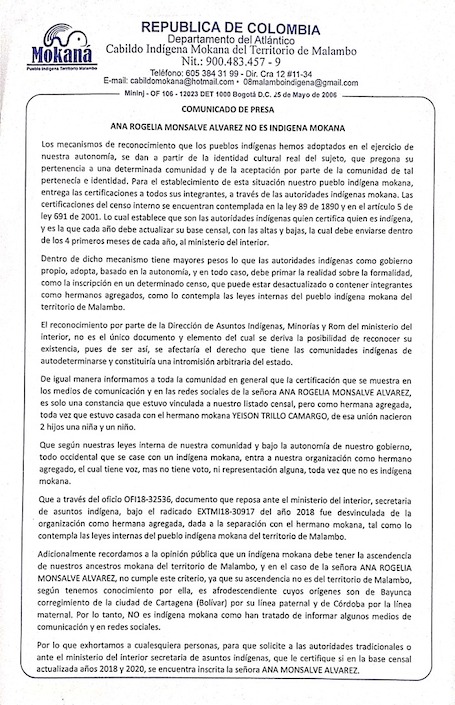 Comunicado del Cabildo Mokana.