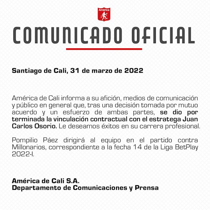 Comunicado del América de Cali.