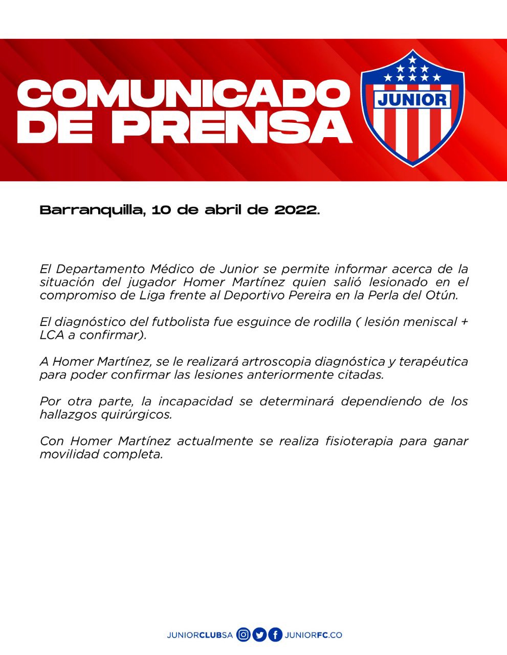 Comunicado de Junior. 