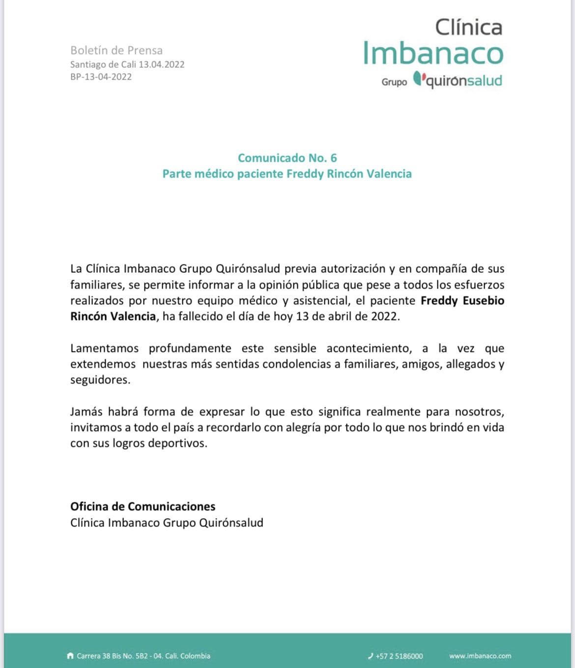 Comunicado de la Clínica Imbanaco