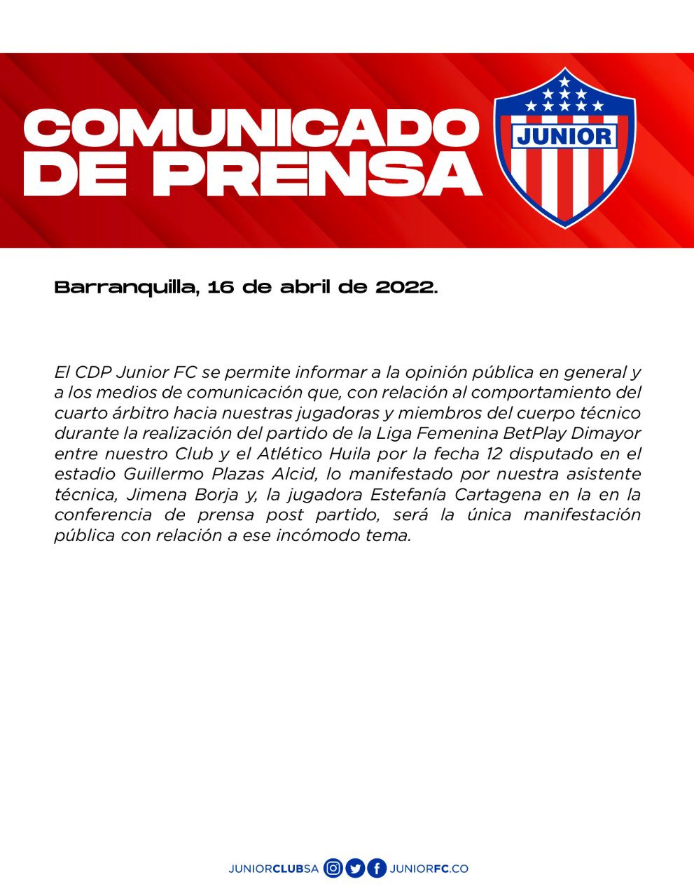 Comunicado de Junior. 