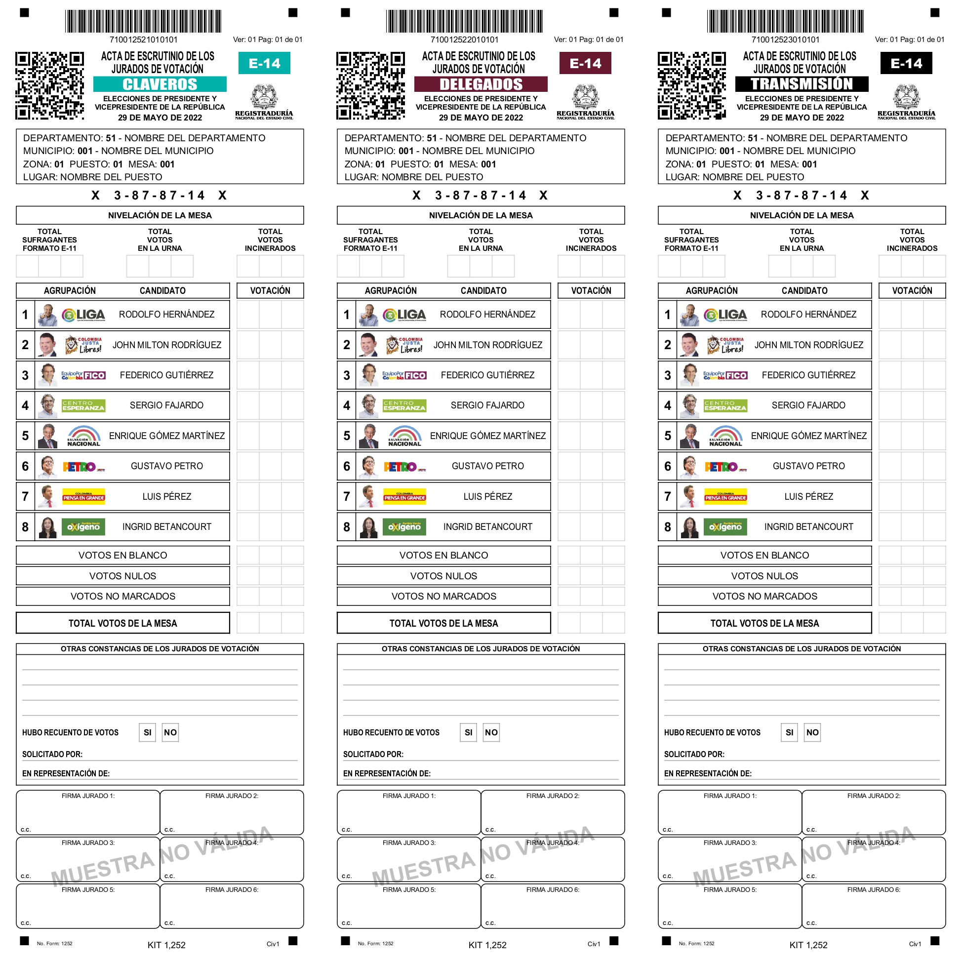 Formulario E-14 para elecciones presidenciales.