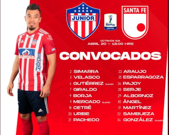 La nómina de convocados para enfrentar a Independiente Santa Fe.