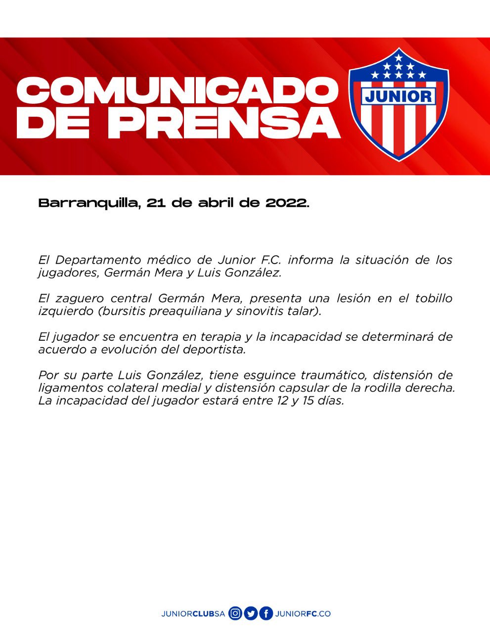 Comunicado de Junior. 