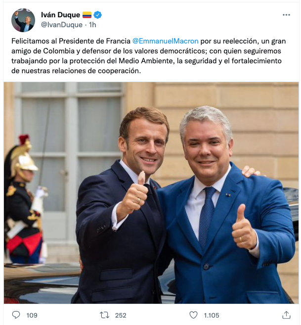 Duque felicita a Macron por su reelección