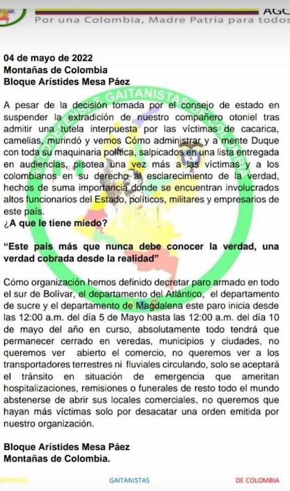 Comunicado del bloque Aristides Mesa Páez.