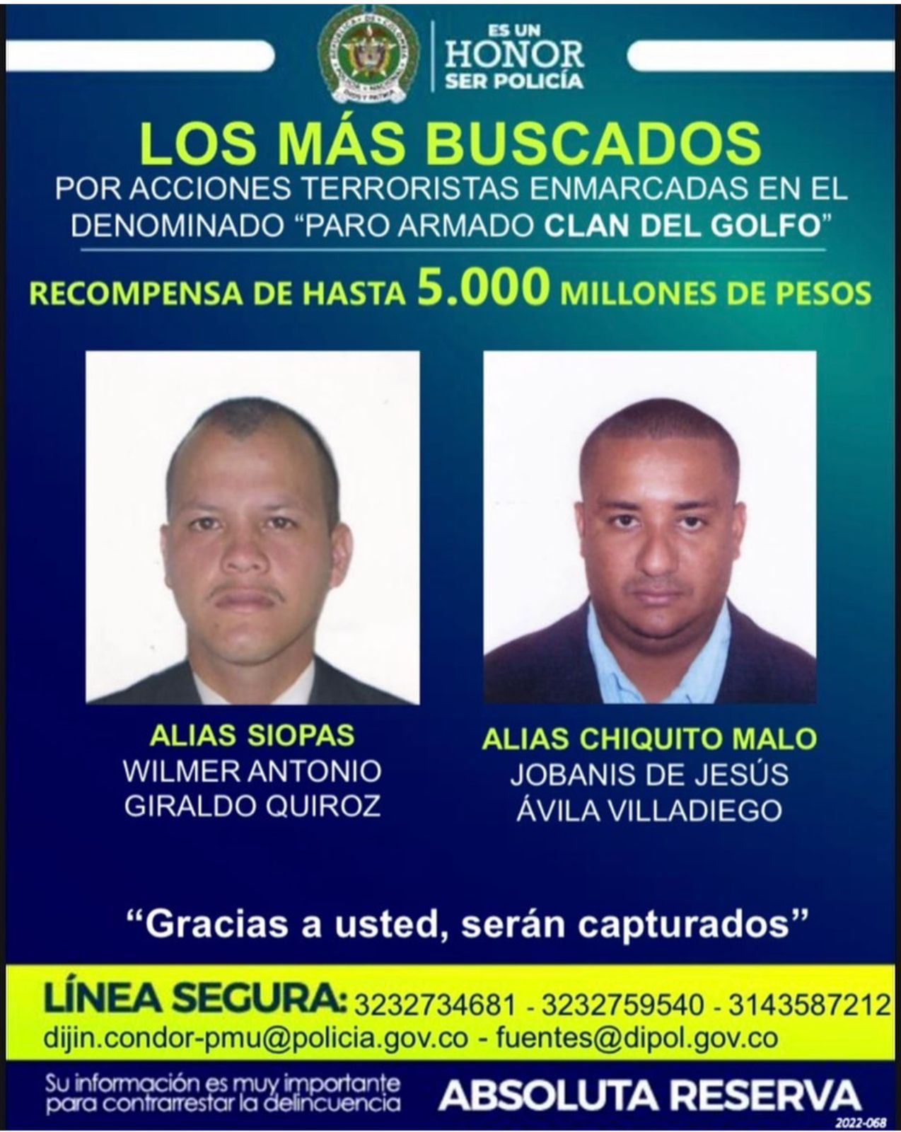 Cartel de los más buscados del ’Clan del Golfo’ 