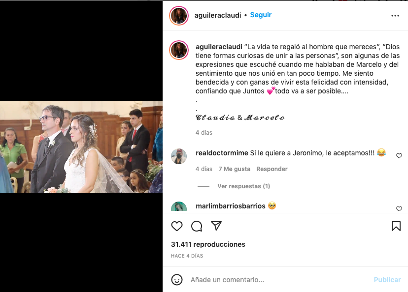 Claudia Aguilera publicando el video del matrimonio con el fiscal Marcelo Pecci.