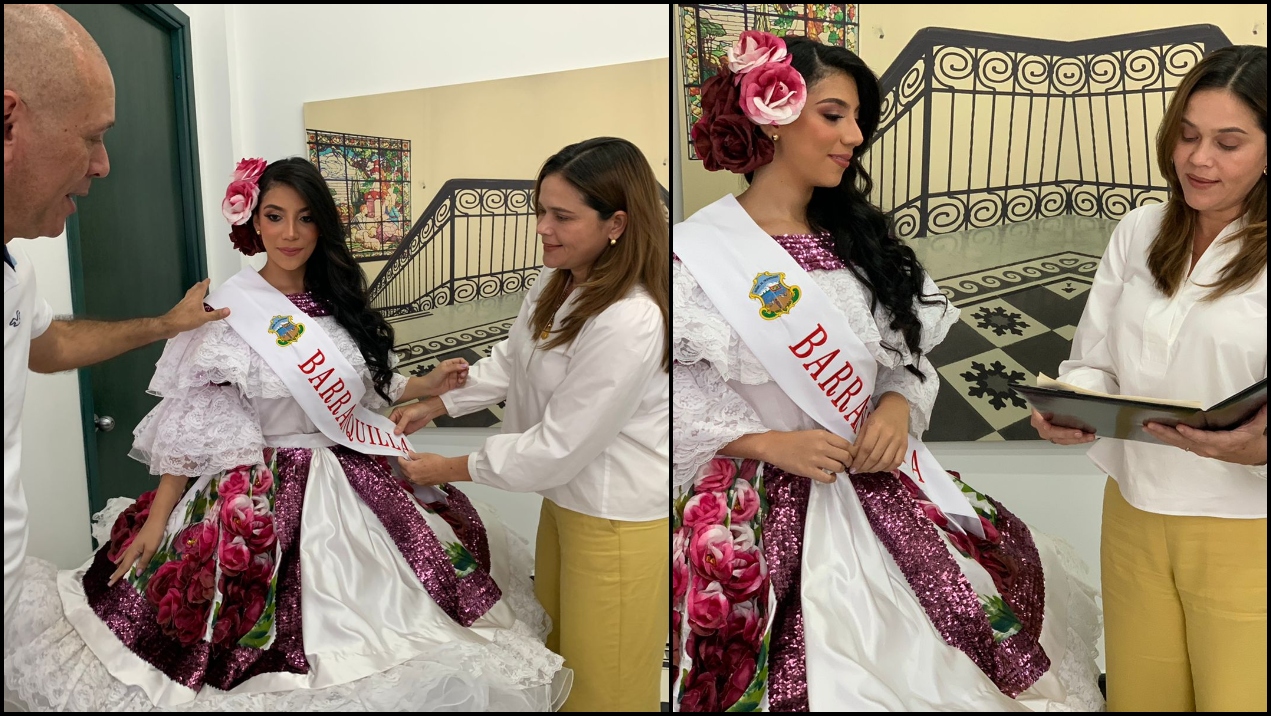 Momento de imposición de la banda a Natalia Ruiz Blel como Señorita Barranquilla al Reinado Nacional del Bambuco.