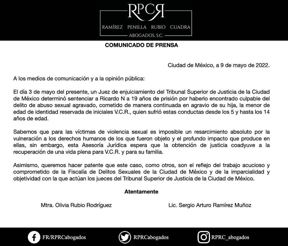 Comunicado de los abogados de la víctima.