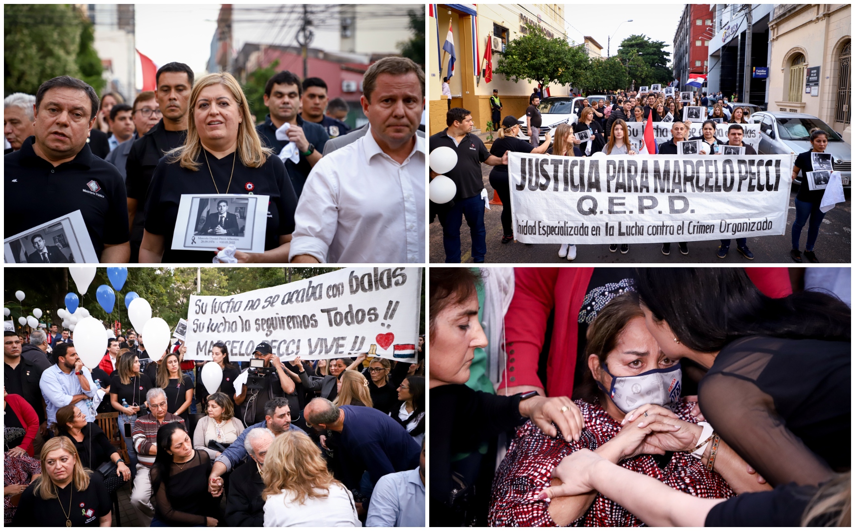 Augusto Salas (i), presidente de la Asociación de Agentes Fiscales del Paraguay, junto a Sandra Quiñonez (c), fiscal general del Estado, y centenares de personas se suman este viernes a sendas marchas y un emotivo homenaje al fiscal antimafia Marcelo Pecci, asesinado en Colombia, en Asunción (Paraguay).