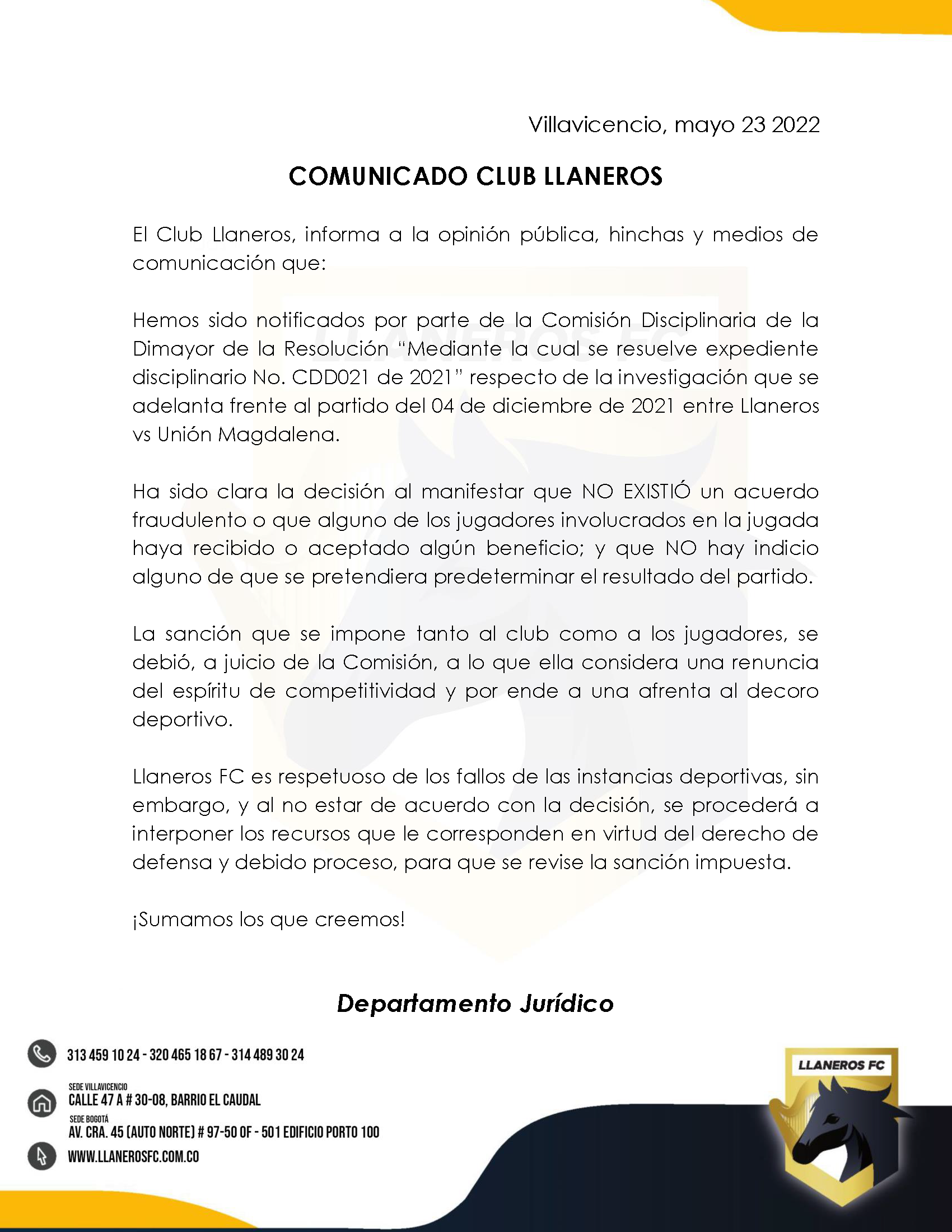 Comunicado de prensa Club Llaneros 