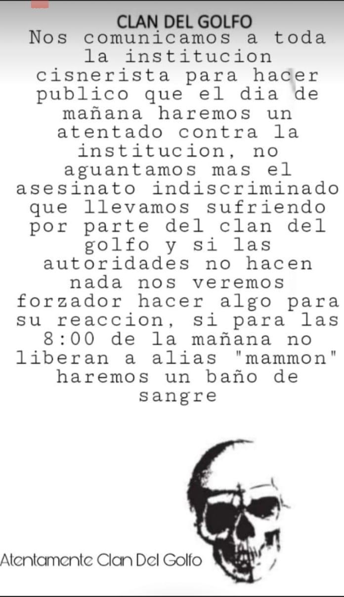 Panfleto, supuestamente del Clan del Golfo