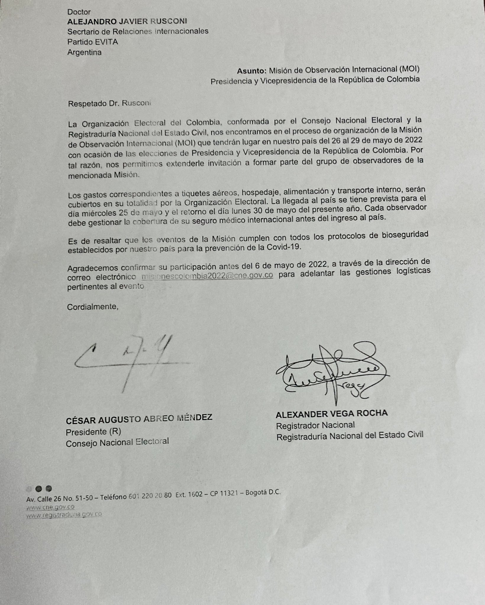 Invitación del CNE y Registraduría a Alejandro Rusconi.