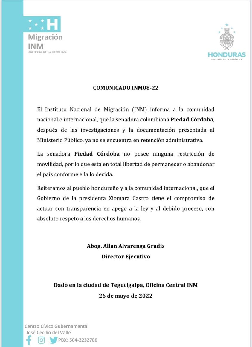 Comunicado sobre Piedad Córdoba.