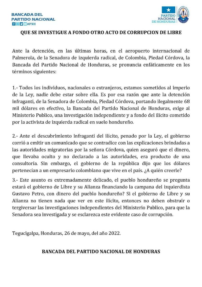 Comunicado del Partido Nacional de Honduras.