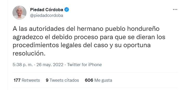 Trino de la política Piedad Córdoba sobre su retención en Honduras.