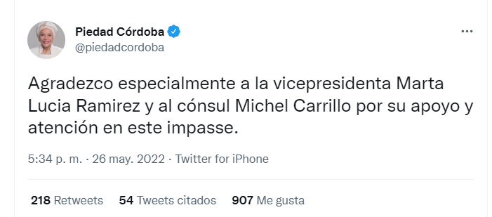 Trino de la política Piedad Córdoba sobre su retención en Honduras.