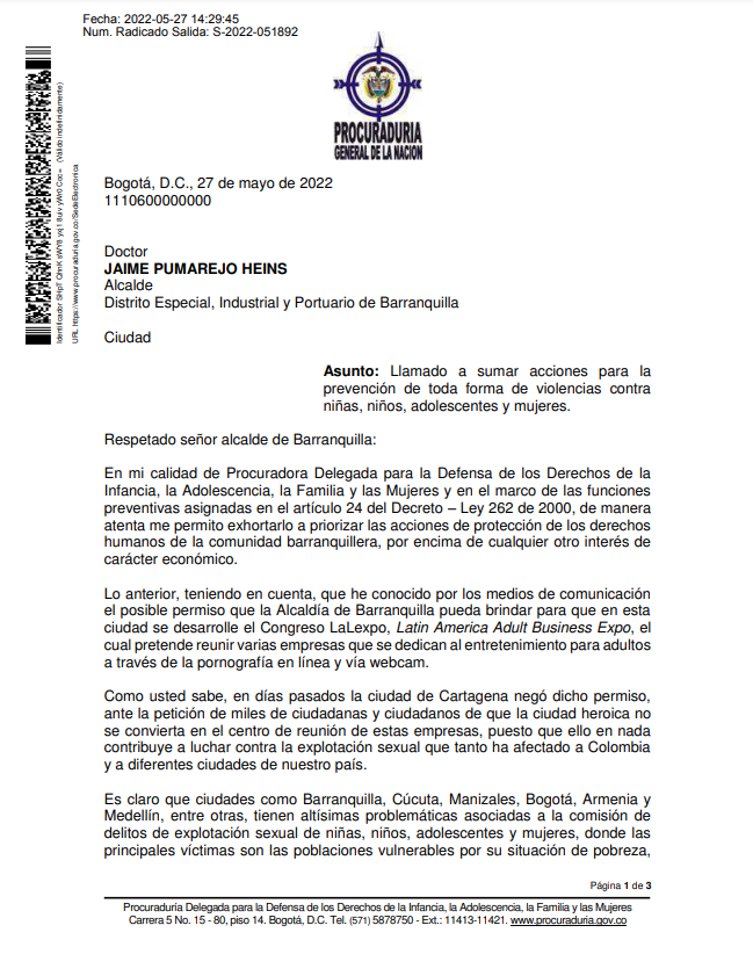 Procuraduría Carta de la Procuraduría al Alcalde
