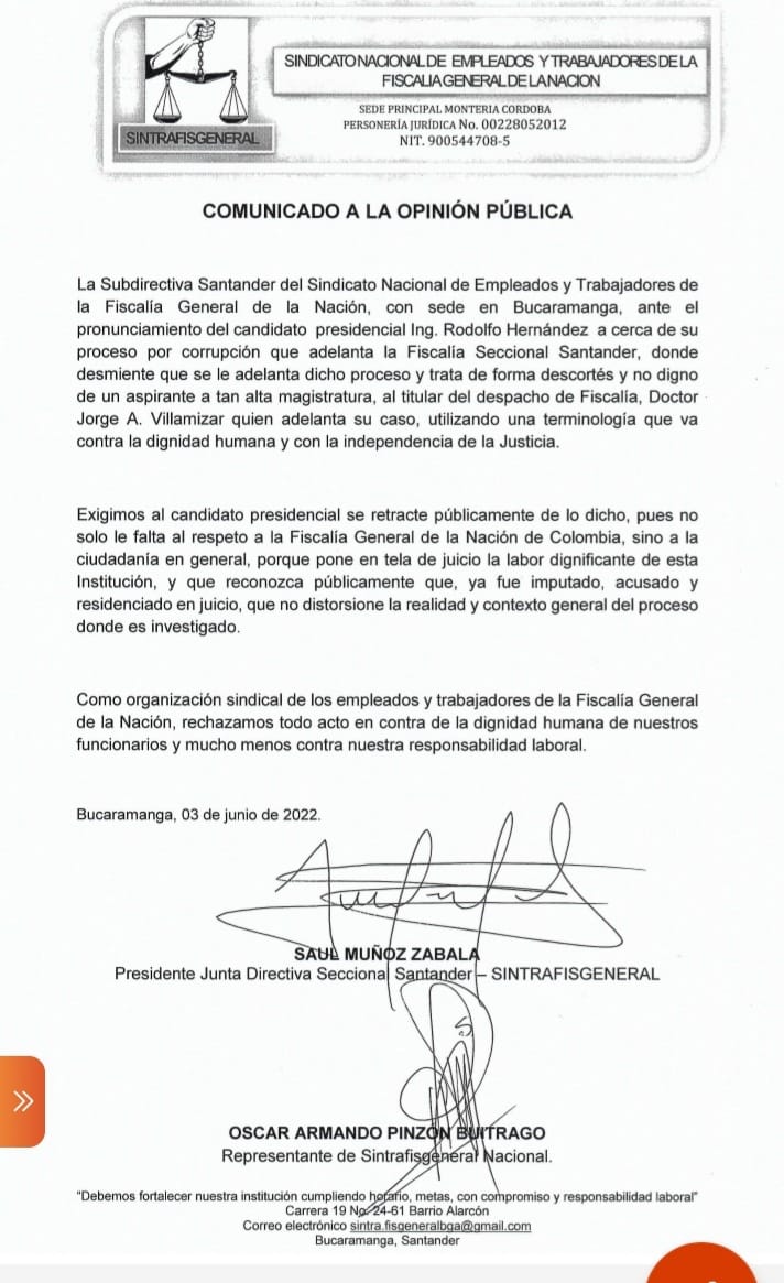 Comunicado del Sindicato de la Fiscalía General de la Nación.