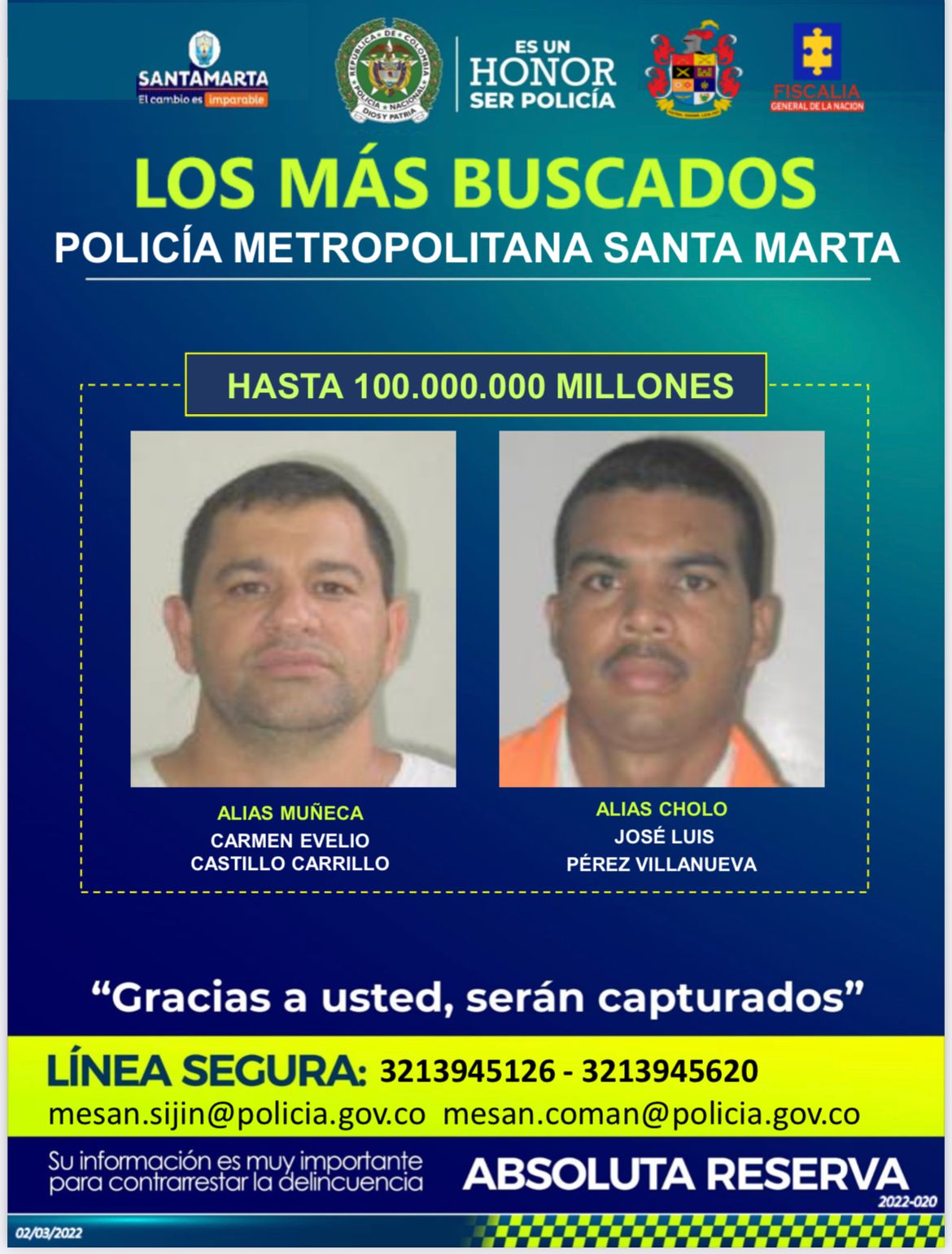 Los más buscados por la Policía Metropolitana de Santa Marta. 