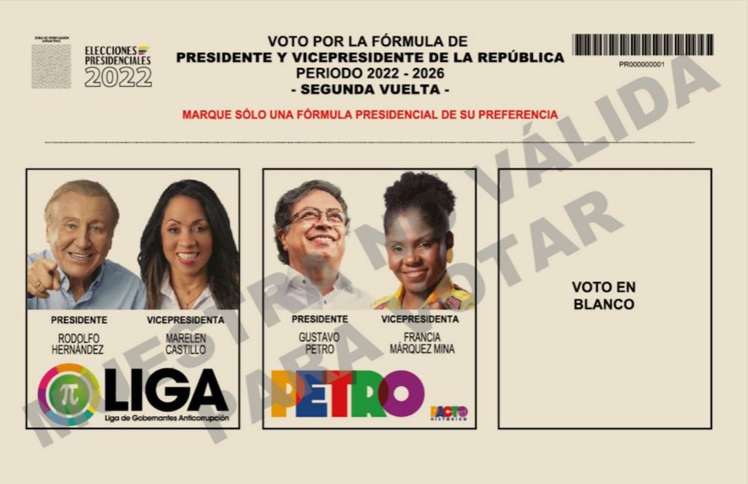 El tarjetón electoral con el voto blanco incluido.