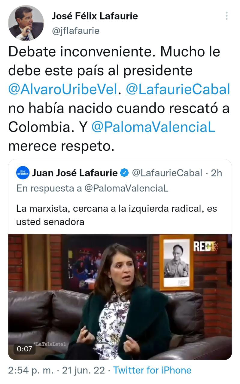 Captura de Twitter. Trino de José Félix Lafaurie