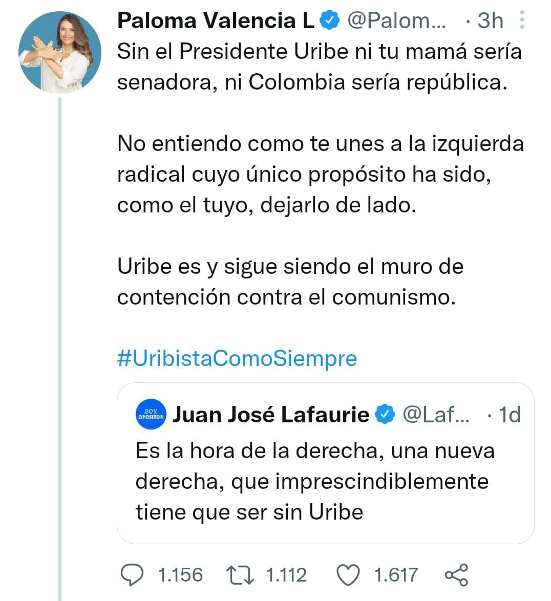 Captura de Twitter. Trino 1 de la senadora Paloma Valencia.