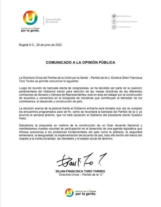 El comunicado del Partido de La U.