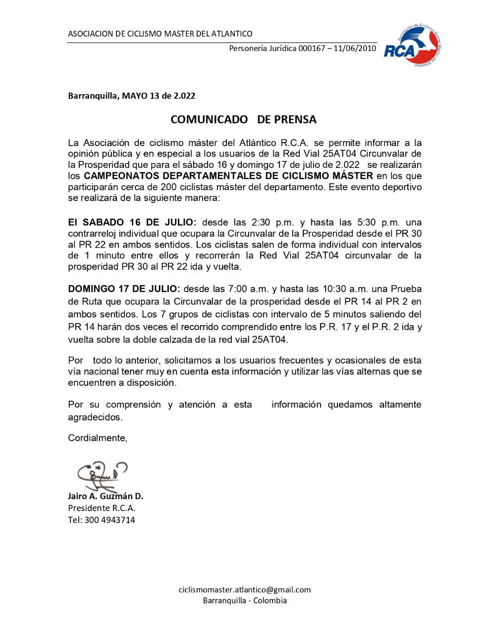 Cortesía La Asociación de Ciclismo Máster socializó ante los usuarios de la Vía, los alcances de la competencia