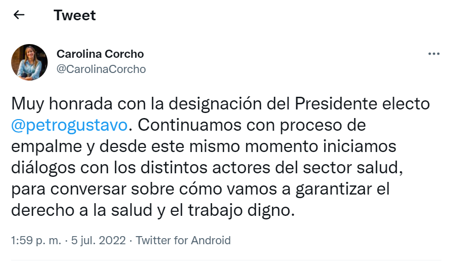 @CarolinaCorcho Tweet de Carolina Corcho.