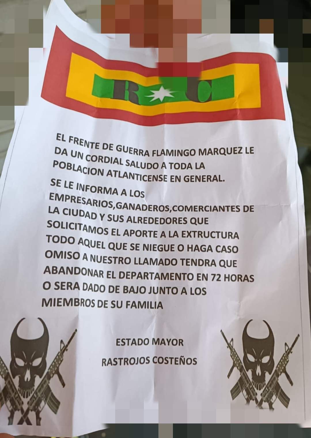 Panfleto de Rastrojos-Costeños encontrados a capturados.