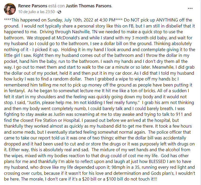 Publicación de Renee Parsons en su cuenta de Facebook.