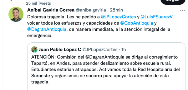 El trino del gobernador de Antioquia, Aníbal Gaviria.