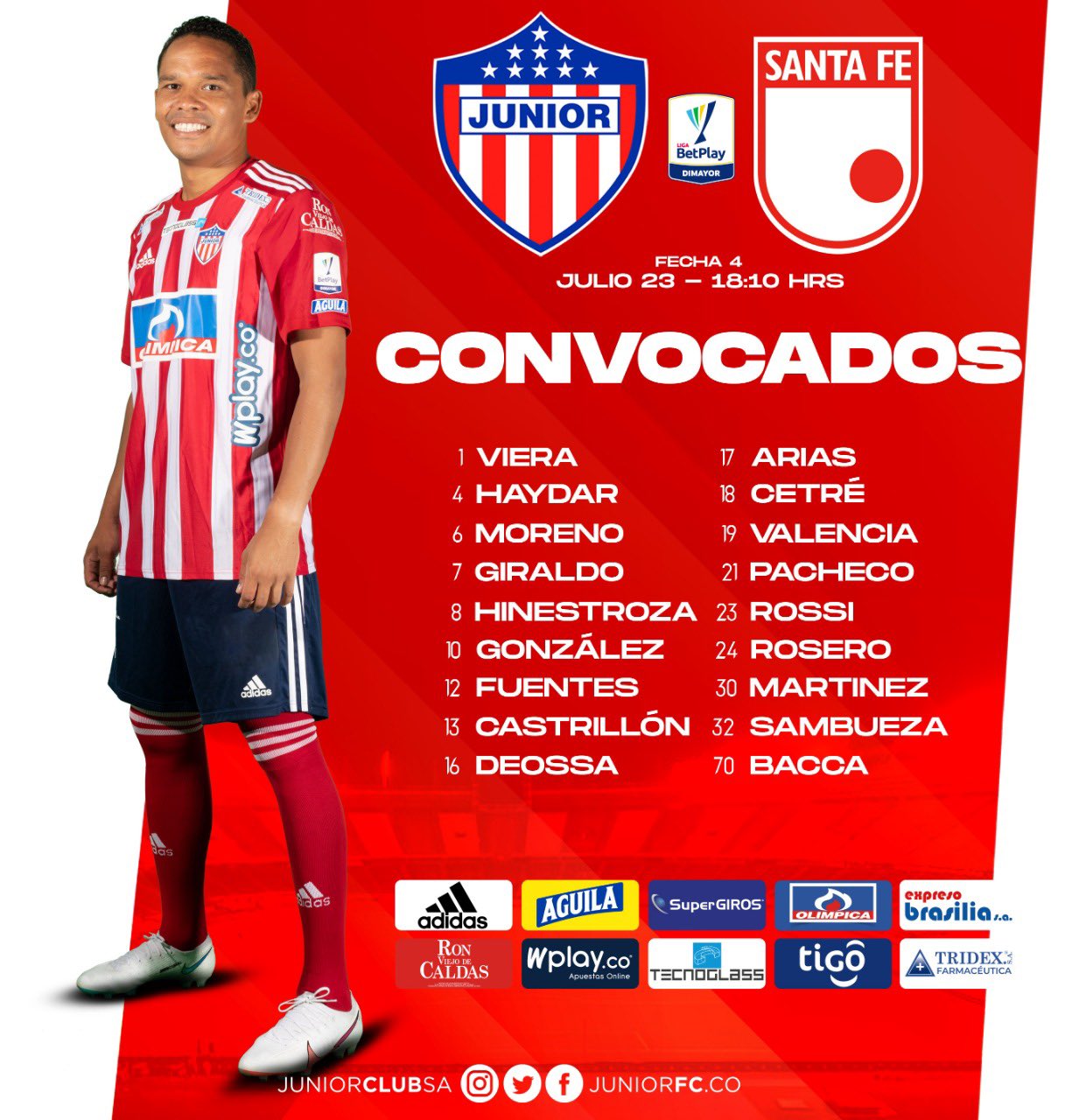 Carlos Bacca comanda los convocados de Junior. 