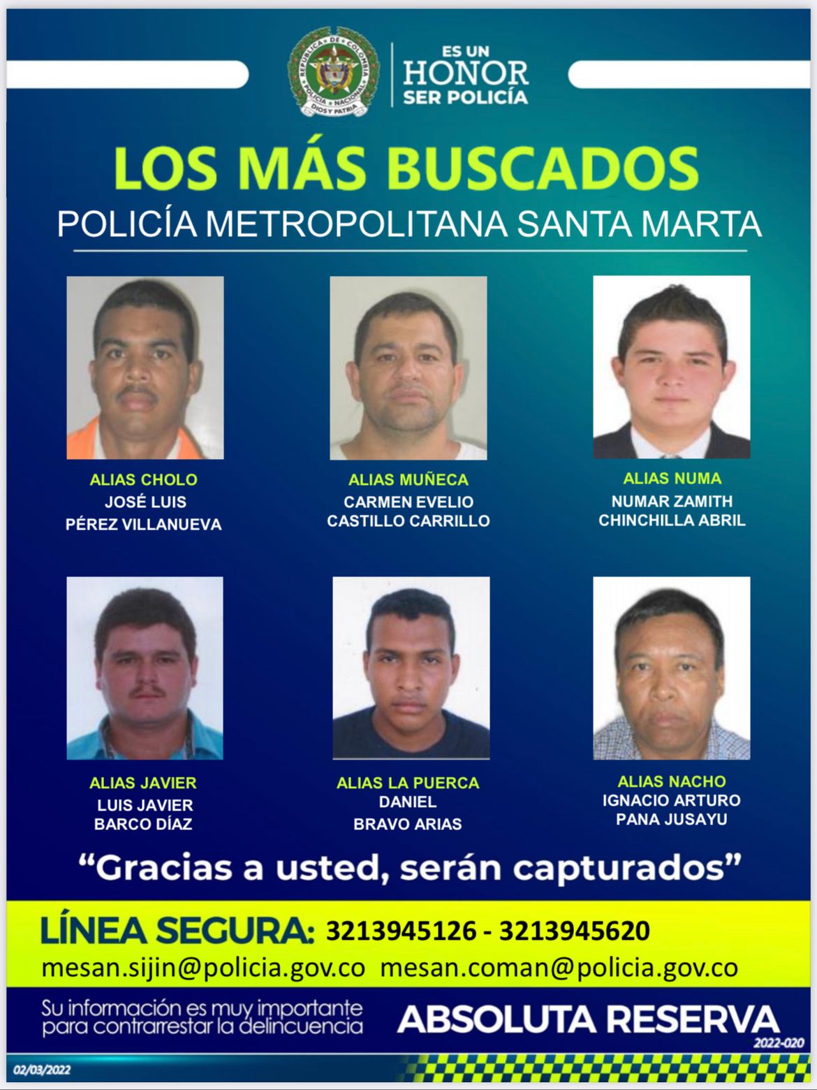 Policía Nacional Cartel de los más buscados en Santa Marta