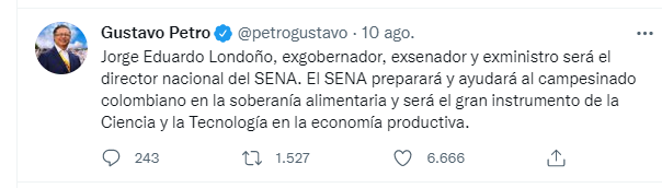 El trino del Presidente Petro sobre el nombramiento de Jorge Londoño en el Sena.