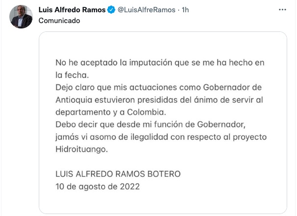 Pronunciamiento del exmandatario antioqueño.