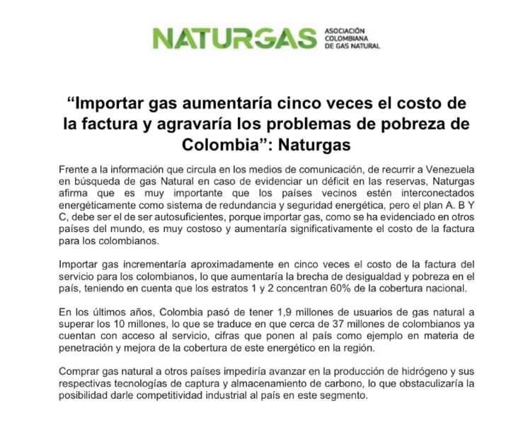 Comunicado emitido por Naturgas.