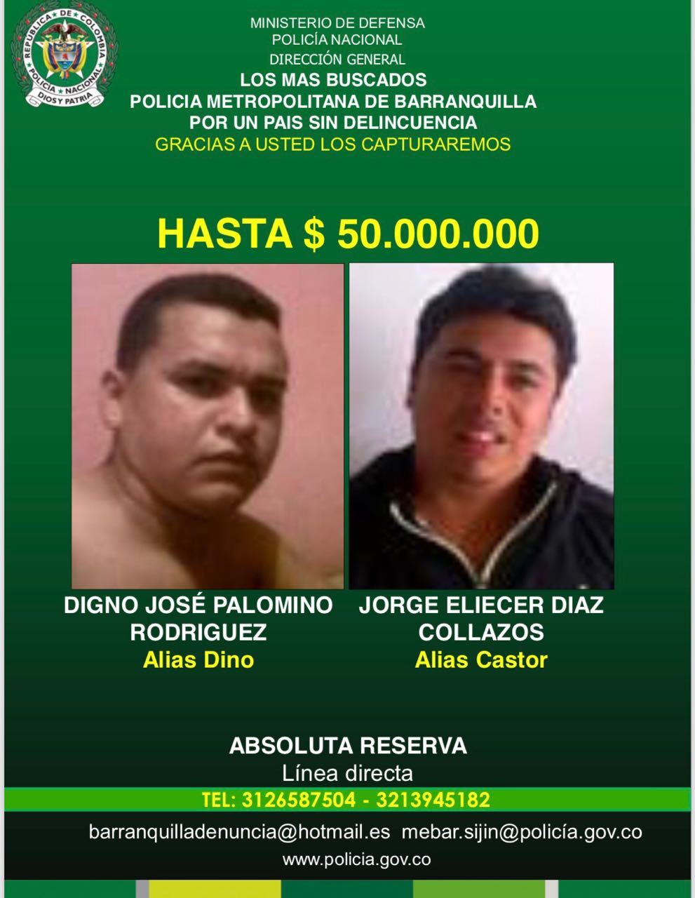 Cartel de los más buscados en donde aparecieron Digno Palomino y alias 'Castor'. 