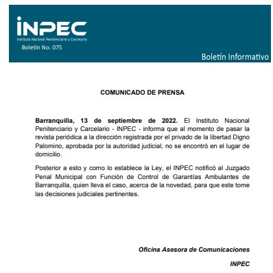 El comunicado del Inpec sobre Digno Palomino