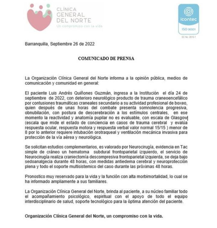 El comunicado de la Clínica General del Norte sobre Luis Quiñones.