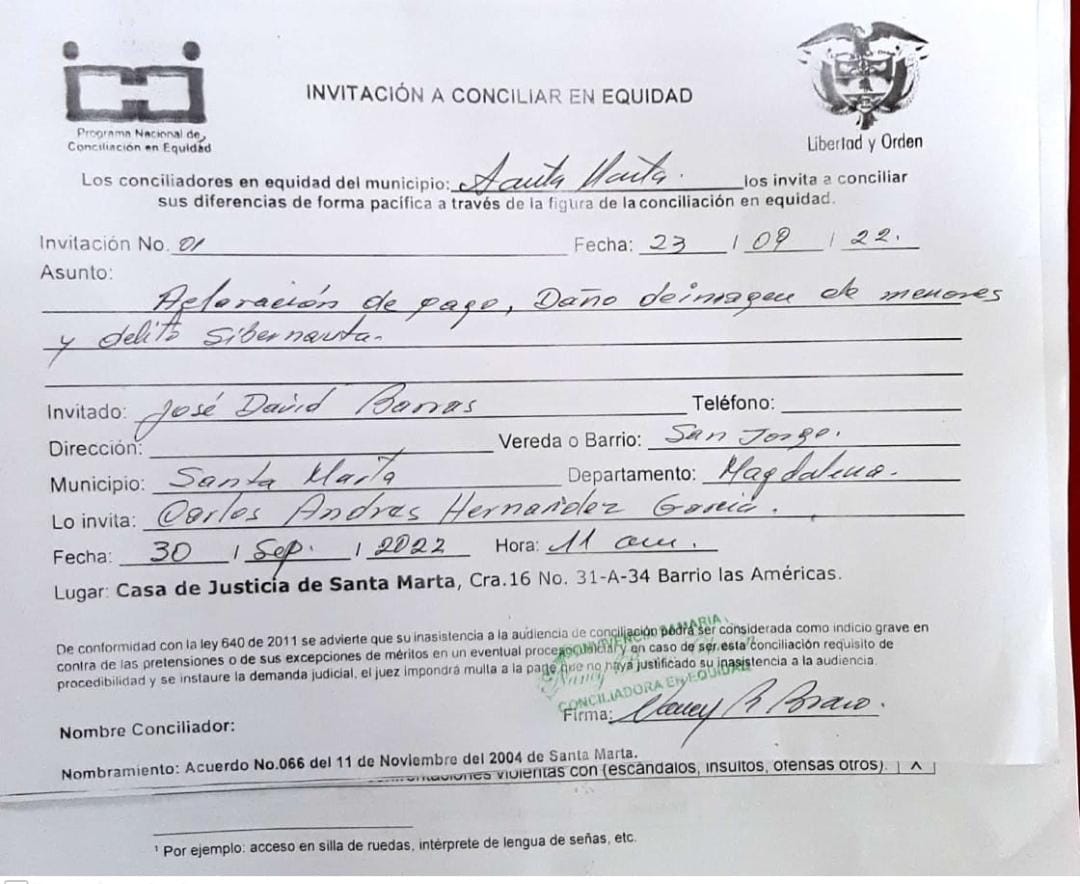 Conciliación entre Carlos Andrés Hernández García y José David Barras