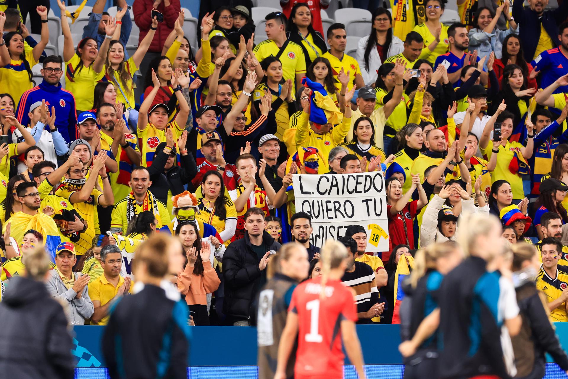 Hinchas colombianos en el juego Colombia-Alemania.