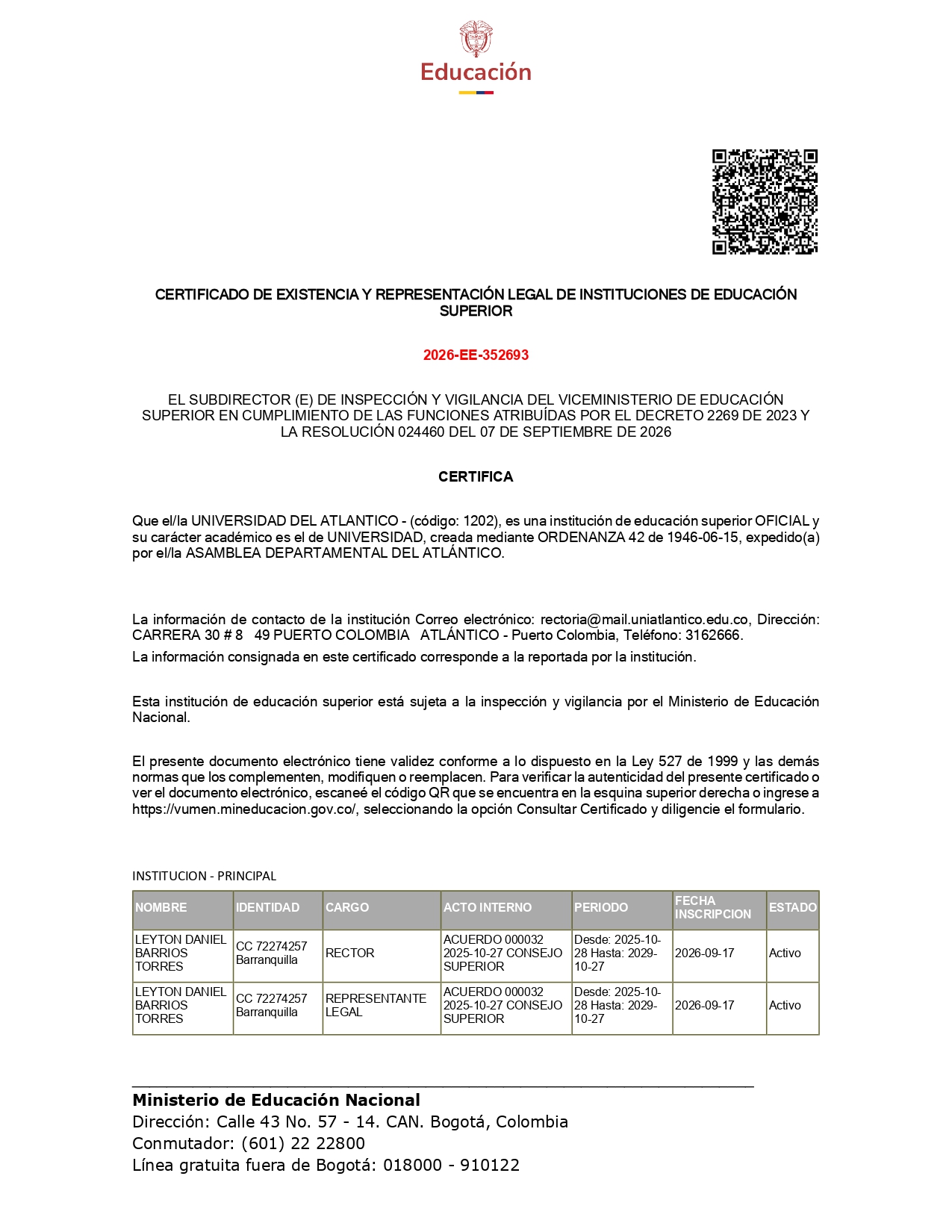MinEducación certifica rectoría de Leyton Barrios en Universidad del Atlántico MinEducación certifica rectoría de Leyton Barrios en Universidad del Atlántico